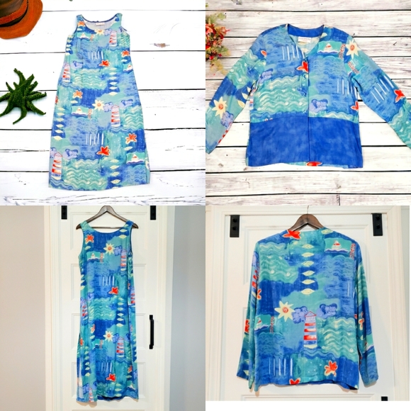 Vtg Peter Popovitch Womens M Coastal Theme Maxi Dress And Top 2 Pc Set Nautical - Picture 1 of 12